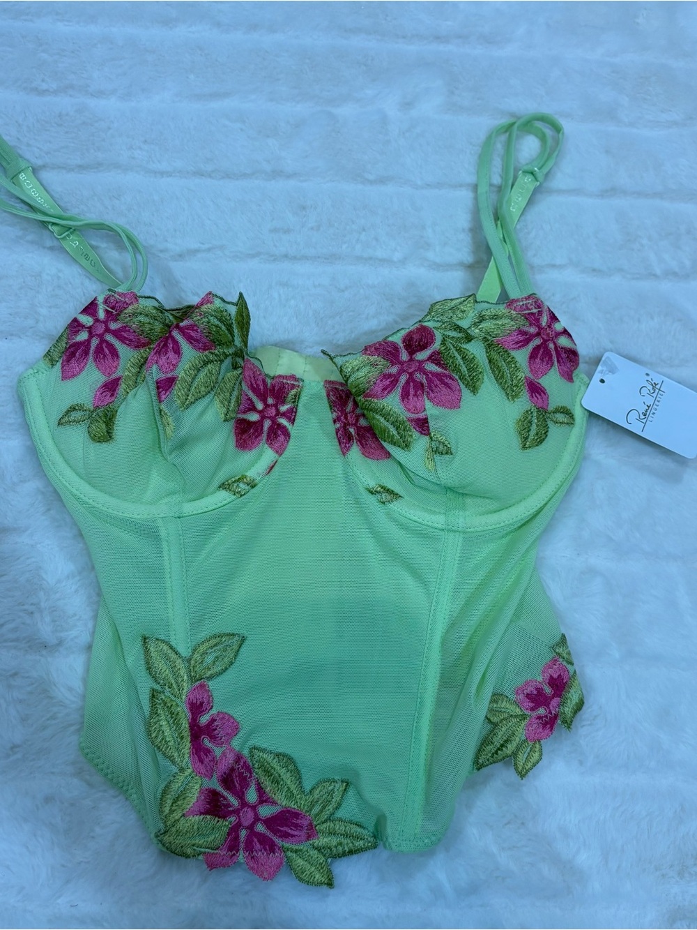 Rene Rofe Light Green Floral Embroidered Bustier Bodysuit